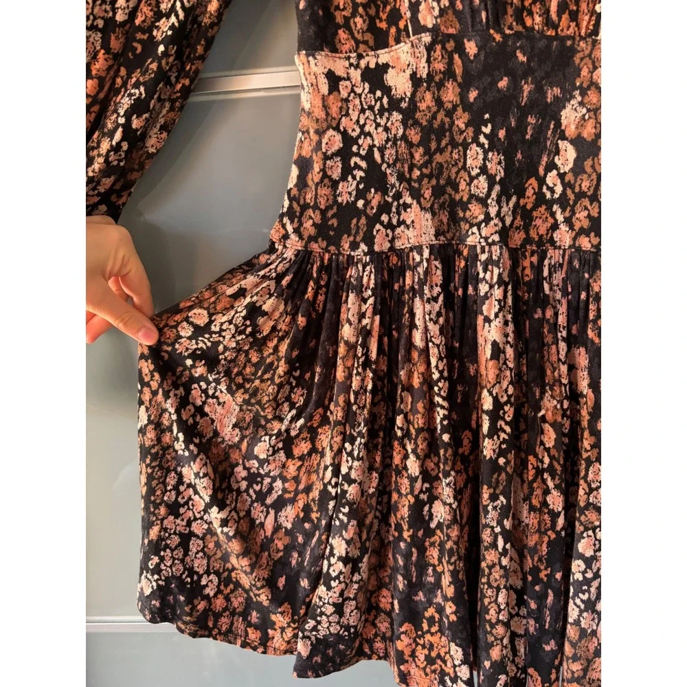Free People Heartbeats Floral Mini Dress Long Balloon Sleeve Black Dark Academia